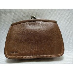 Fossil Leather Kiss Lock Coin Change Purse Card Holder Clutch Wallet Brown